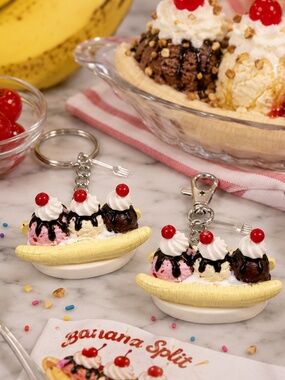 Banana Split Ice Cream Sundae Keychain or Bag Clip – Handmade Dessert Charm